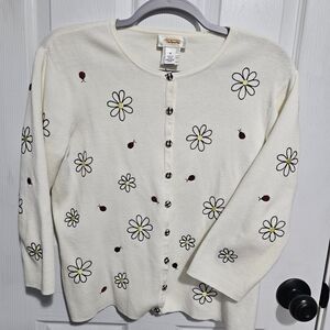 Women's Cream Cardigan with Floral and Ladybug Design